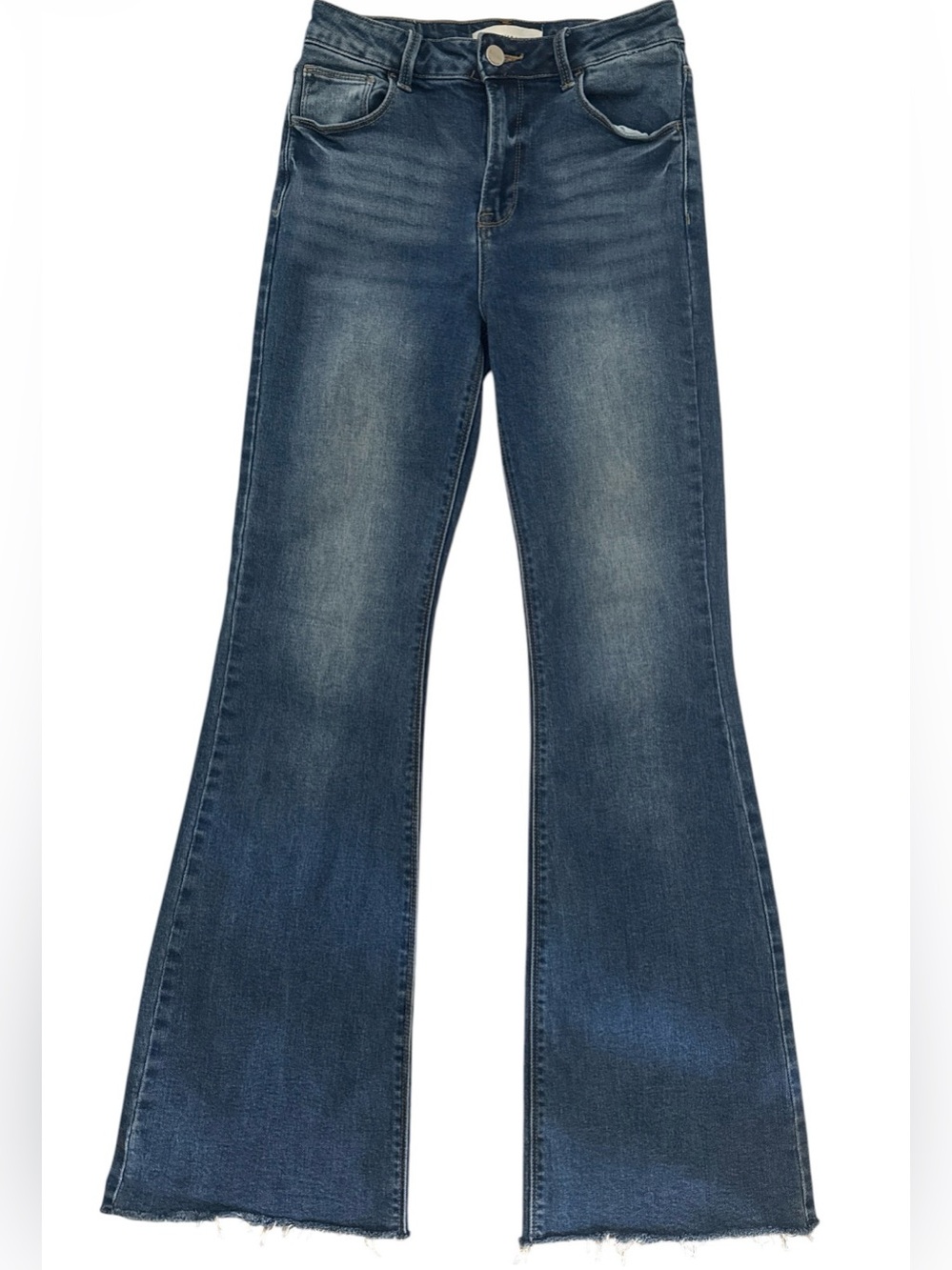 Risen High Rise Flare Jeans Raw Hem Medium Wash Size 3/26